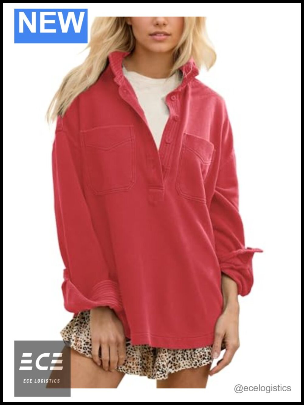 Women's Oversized Long Sleeve Polo V Neck Split Pullover Sweatshirt